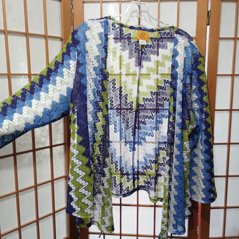 Ruby Rd Womens XL Open Front Lace Cardigan Blue Green White Crochet Knit Boho